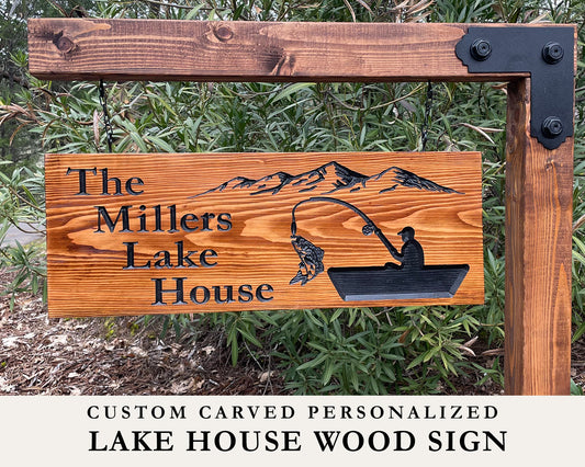 Custom Lake House Sign, Fishing Gift, Custom Wooden Carved Wood Sign, Cabin Sign, Camp Sign, Rustic Mountain Home Sign, Double Sided Sign